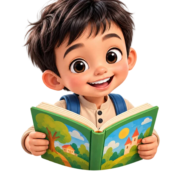 Jimmy, anak laki-laki berambut hitam, tersenyum sambil membaca buku cerita